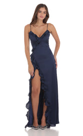 Ruffle V-Neck Maxi Dress in Navy