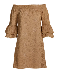 Metallic Woven Off The Shoulder Shift Dress Tan/Gold