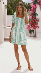 Farah Mini Dress - Green Aztec