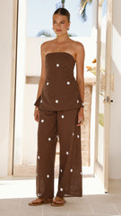 Kailani Strapless Top and Pants Set - Chocolate / White Polka Dot