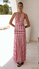 Kya Maxi Dress - Pink / Brown Polka