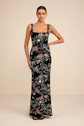 Camesha Black Multi Floral Velvet Sequin Maxi Dress