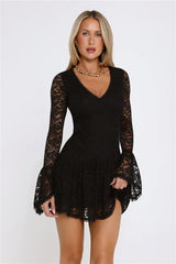 Gilded Lace Nights Long Sleeve Mini Dress Black