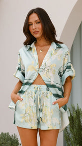 Vallerie Button Up Shirt - Aqua/Yellow Print