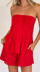 Sharni Strapless Pleat Top and Shorts Set - Red