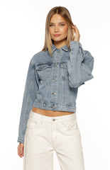 Elana Mid Wash Cinched Waist Denim Jacket