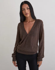 Saroya Plunge Wrap Top in Knit Dark Chocolate