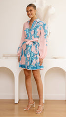 Lucia Long Sleeve Mini Dress - Aqua/Pink Print