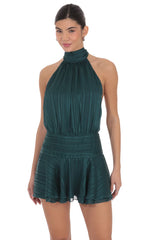 Shimmer Mock Neck Halter Dress in Green