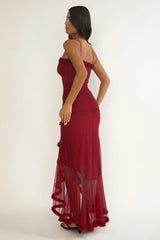 Noelia Gathered Waist Frill Trim Maxi Dres Wine
