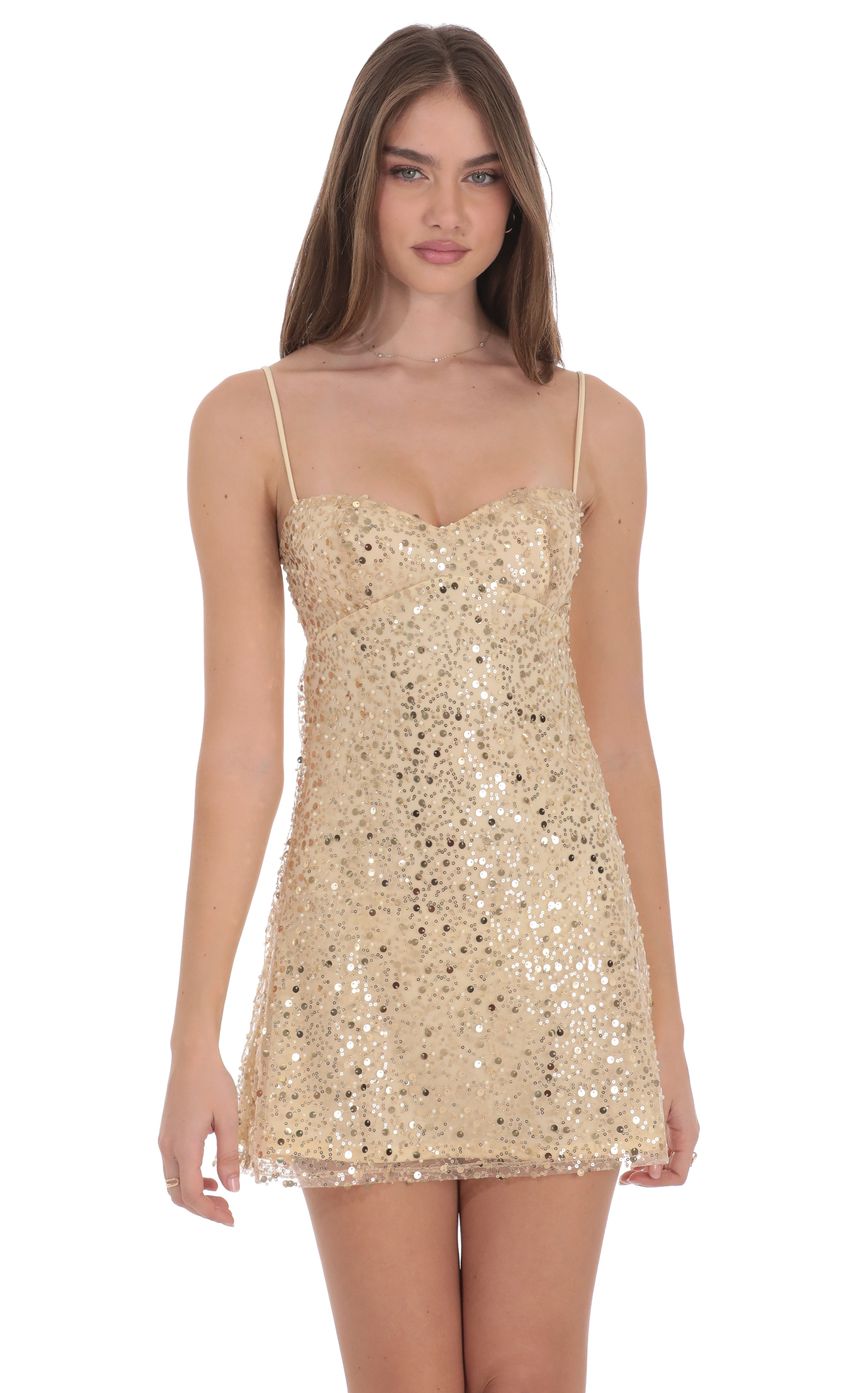 Sequin Beaded Babydoll Dress in Gold