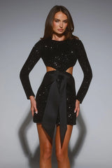 Red Carpet Reverie Long Sleeve Sequin Mini Dress Black