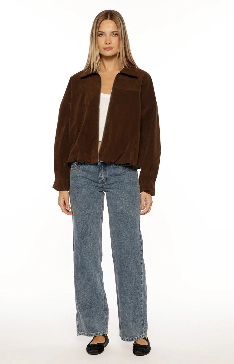 Brookie Brown Suedette Cuff Sleeve Bomber Jacket