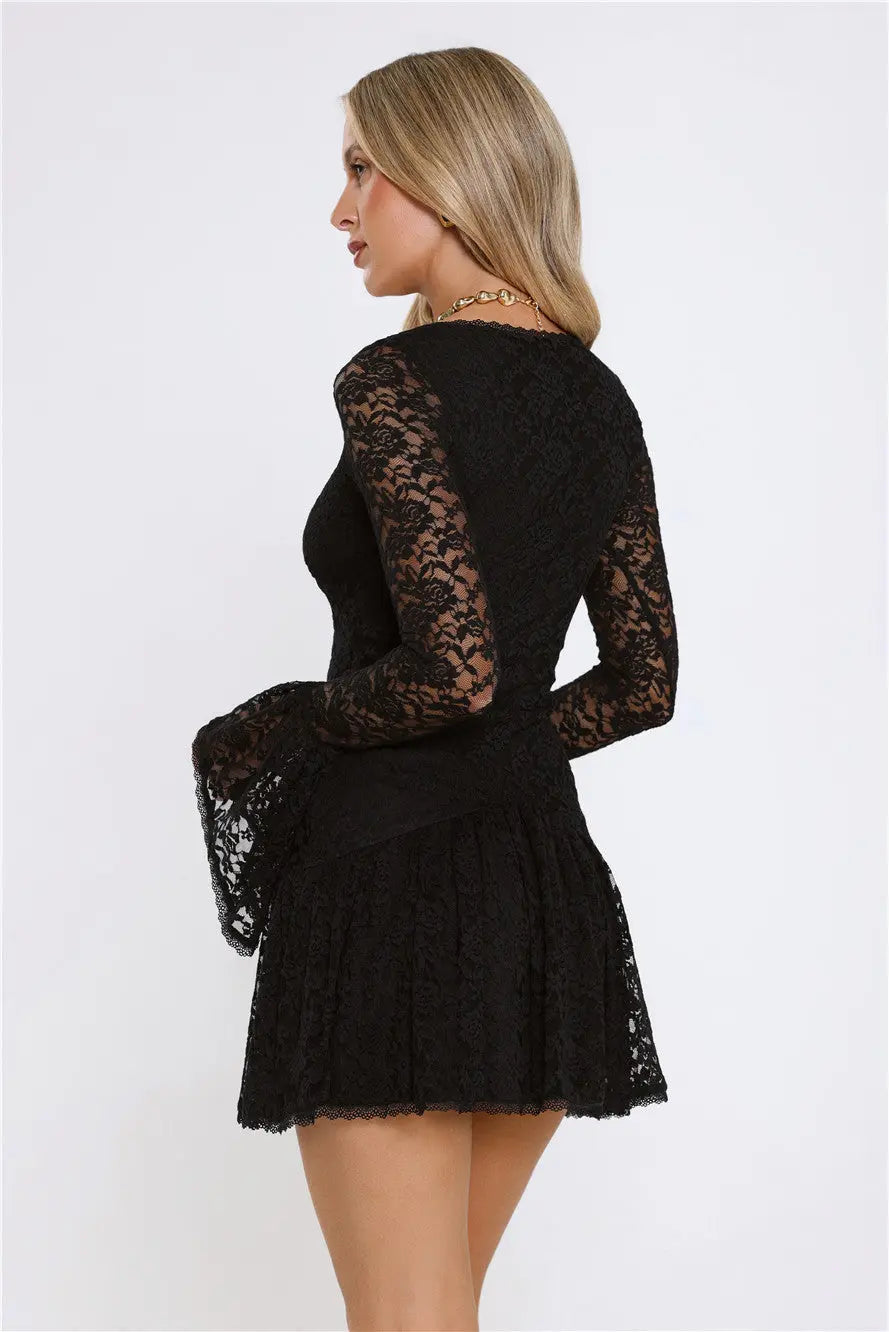 Gilded Lace Nights Long Sleeve Mini Dress Black