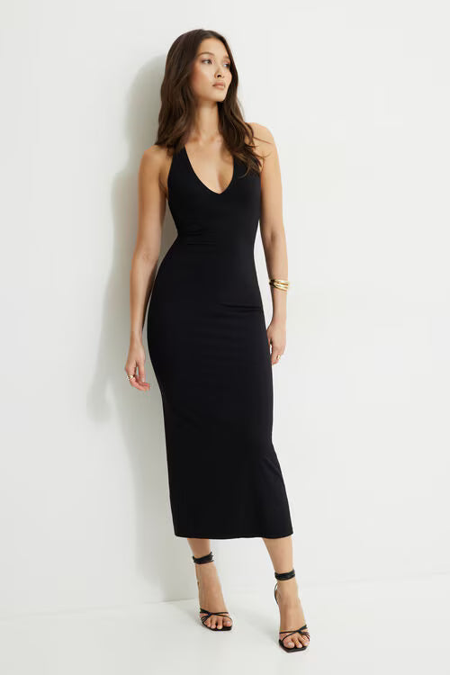 Sculpt Plunging Halter Maxi Dress-Jet Black