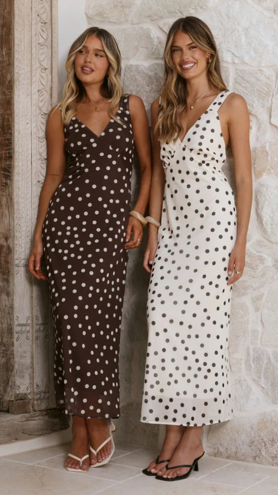 Cassara Maxi Dress - Chocolate / White Polka Dot