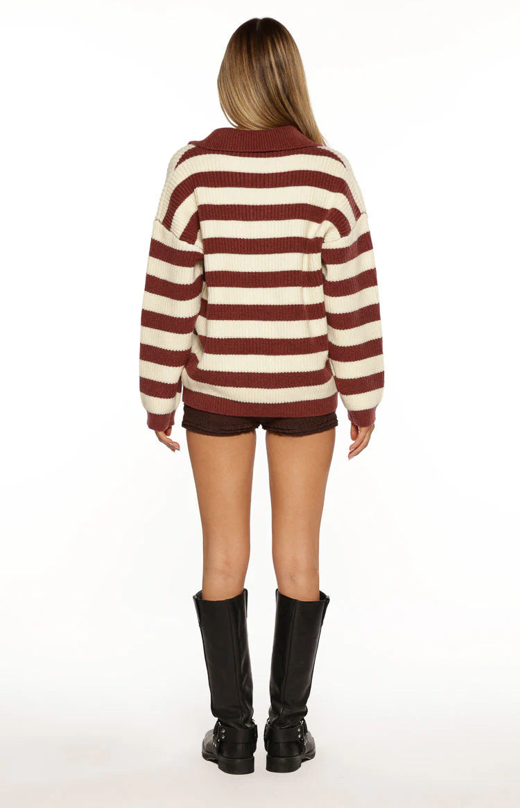 Daze Burgundy Stripe Polo Knit Sweater