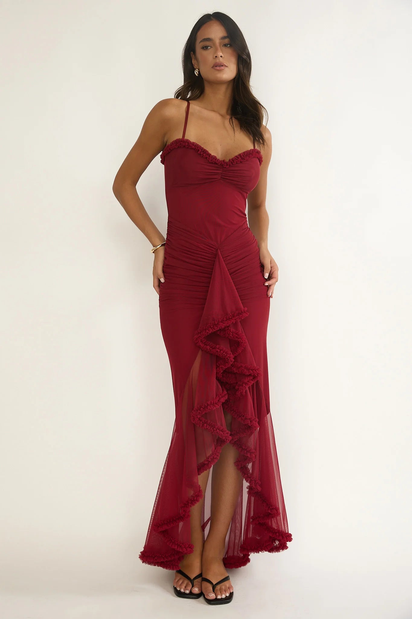 Noelia Gathered Waist Frill Trim Maxi Dres Wine