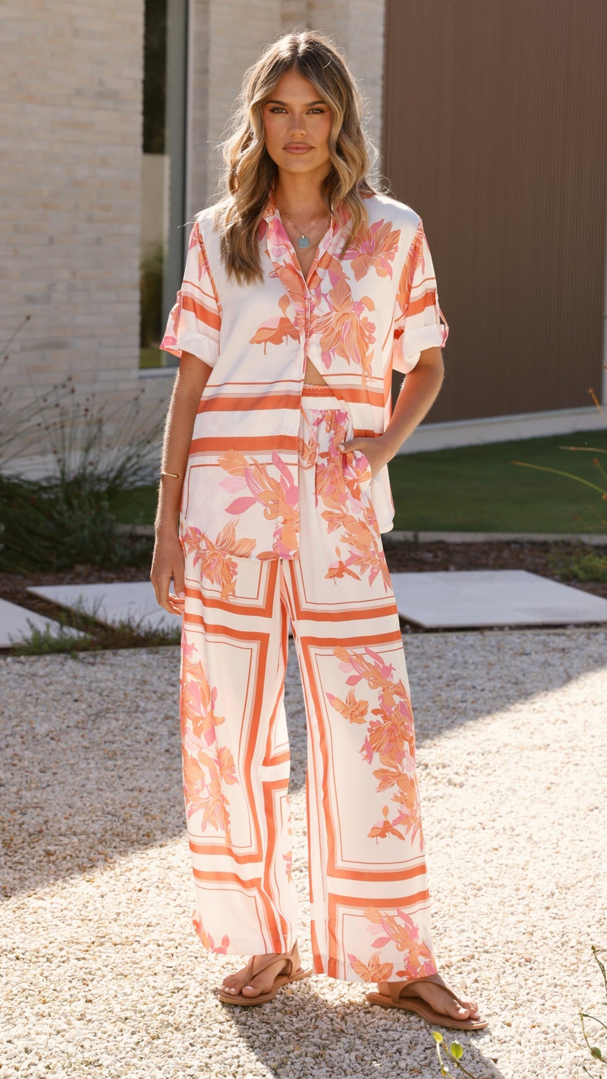 Vallerie Button Up Shirt - Orange/White Print