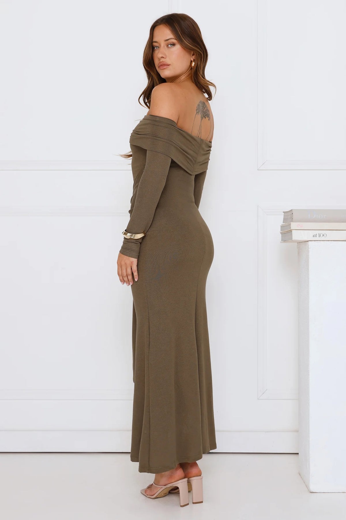 Subtle Statement Off Shoulder Maxi Dress Olive