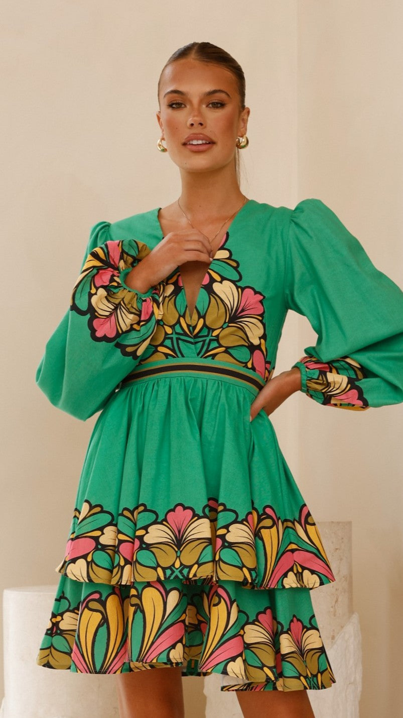 Portugal Long Sleeve Mini Dress - Apple
