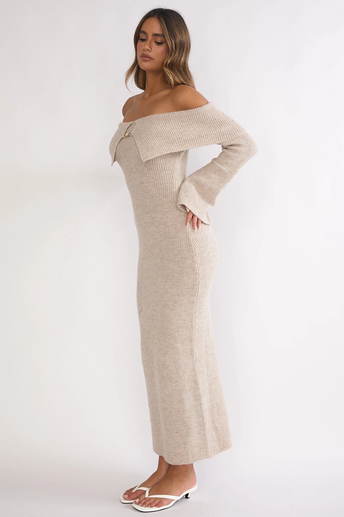 Arwyn Foldover Off-Shoulder Knit Maxi Dress Quinoa