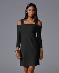Beyond Travel Cold Shoulder Three Quarter Sleeve Dress Jet Black