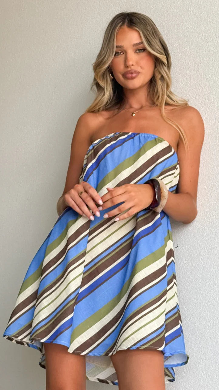 Karina Strapless Mini Dress - Blue/Khaki Stripe
