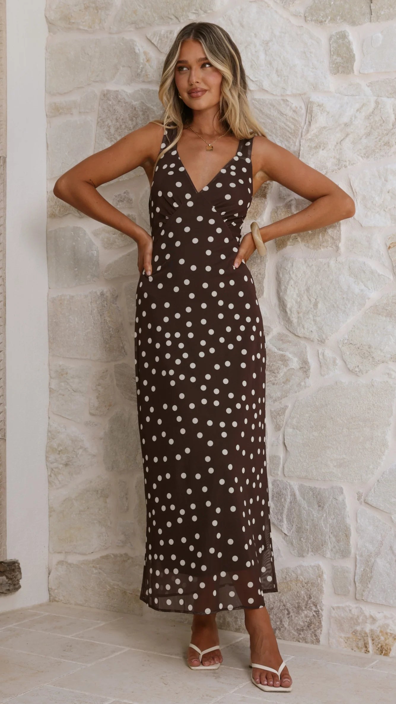 Cassara Maxi Dress - Chocolate / White Polka Dot