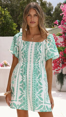 Farah Mini Dress - Green Aztec