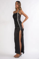 Glitterati Halter Diamante Maxi Dress Black