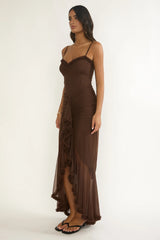 Noelia Gathered Waist Frill Trim Maxi Dres Chocolate