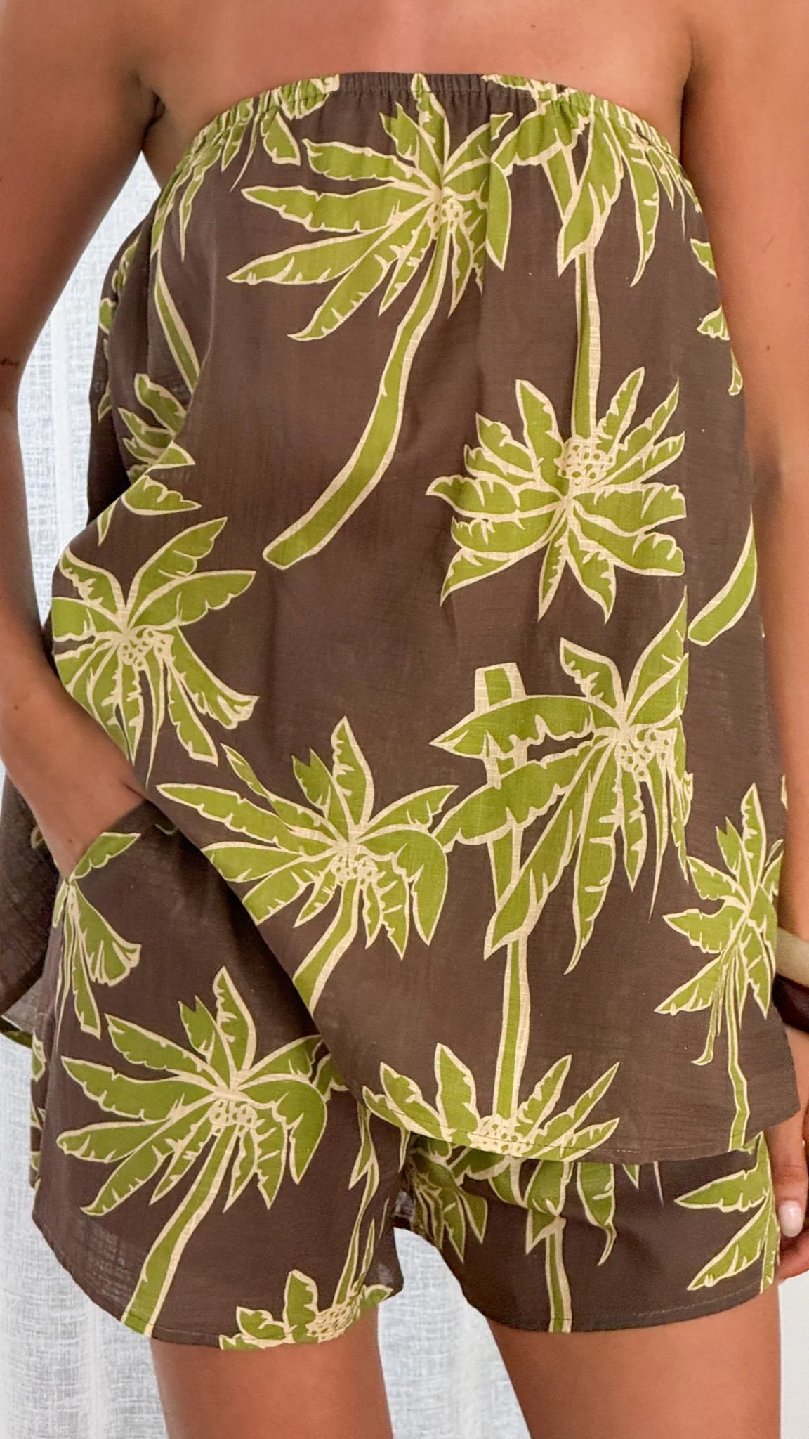 Calliope Strapless Top and Shorts Set - Brown/Green Palm