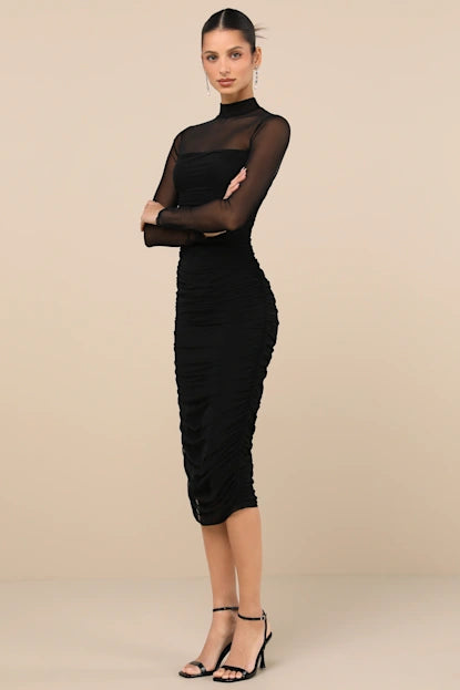 Impressive Flirt Black Mesh Ruched Mock Neck Midi Dress