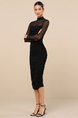 Impressive Flirt Black Mesh Ruched Mock Neck Midi Dress