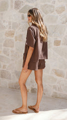 Loretta Button Up Shirt and Shorts Set - Chocolate