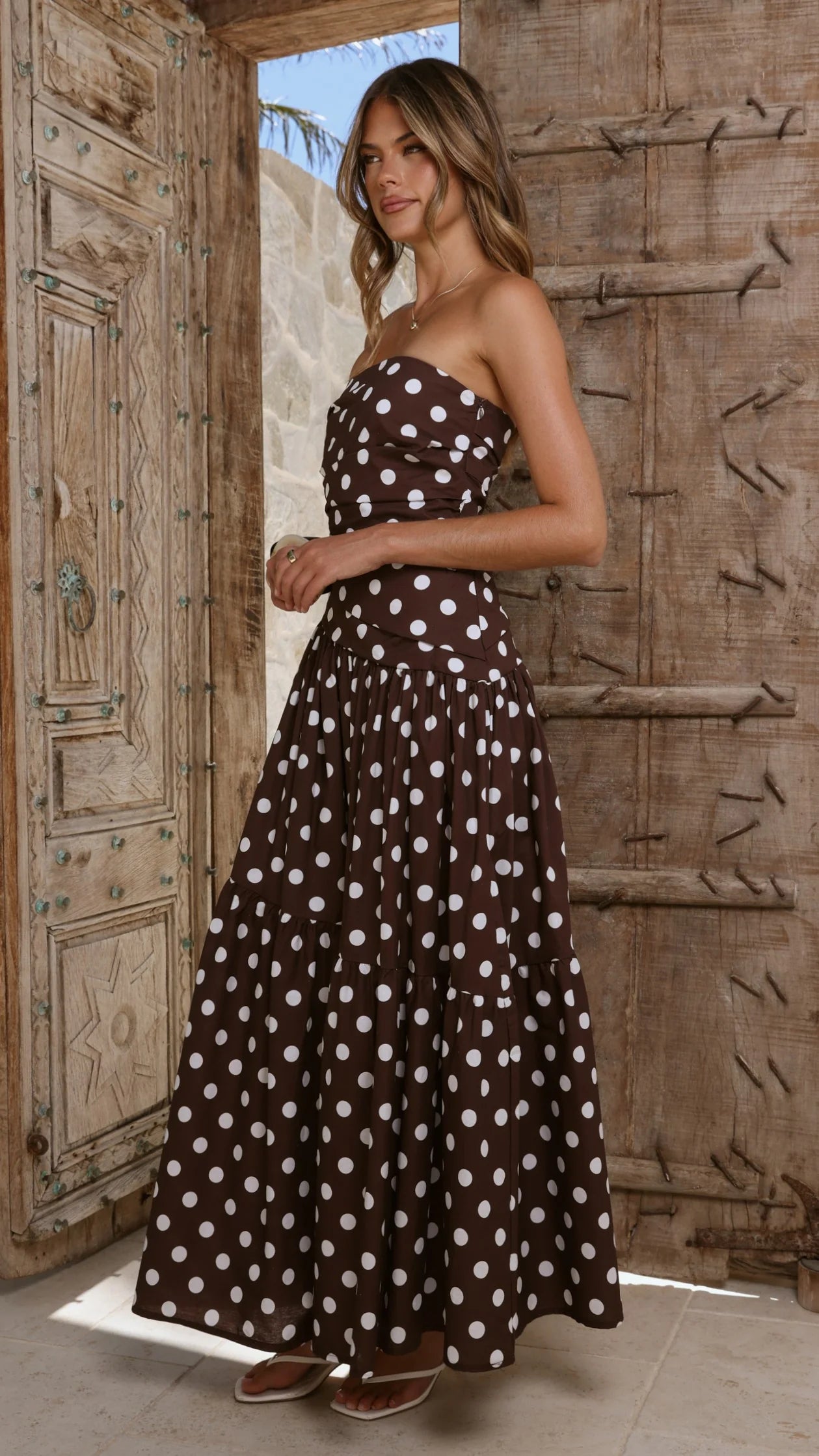 Lyra Maxi Dress - Brown/White Polka Dot