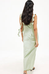 Satin Ruffle Shoulder Maxi Dress