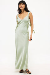 Satin Ruffle Shoulder Maxi Dress