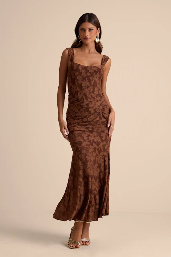 Celeste Brown Floral Burnout Bustier Maxi Dress