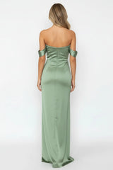 Silken Starlet Off Shoulder Satin Maxi Dress Olive