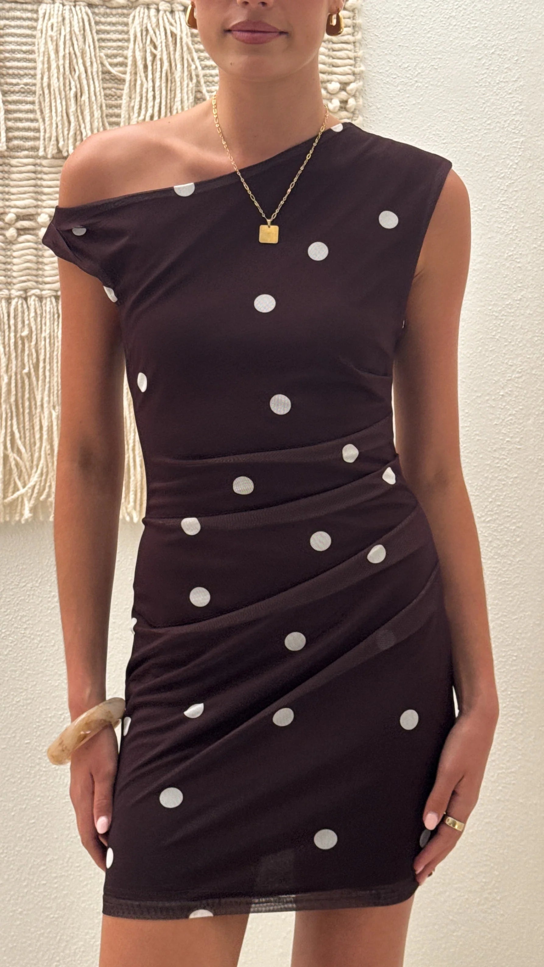 Zariah Mini Dress - Brown / White Polka Dot
