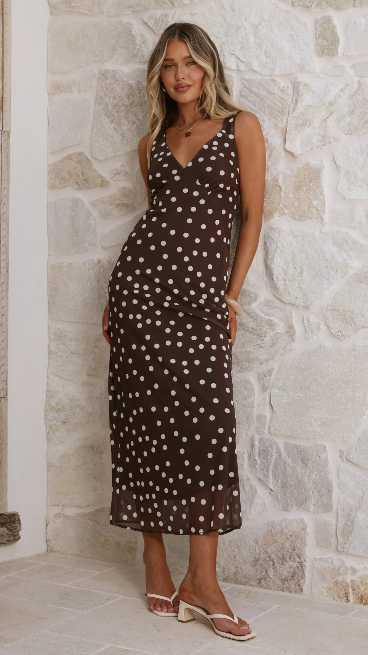 Cassara Maxi Dress - Chocolate / White Polka Dot