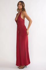 Brienna Halter Ruched Maxi Dress Wine