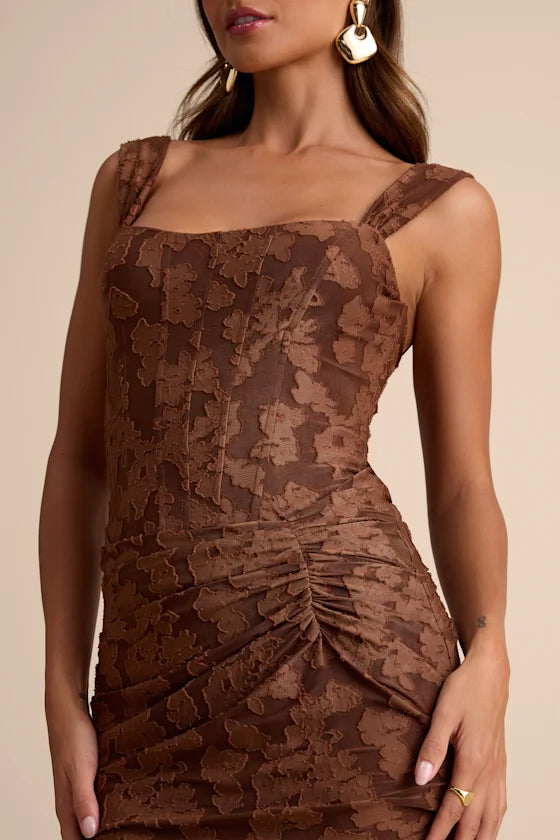 Celeste Brown Floral Burnout Bustier Maxi Dress
