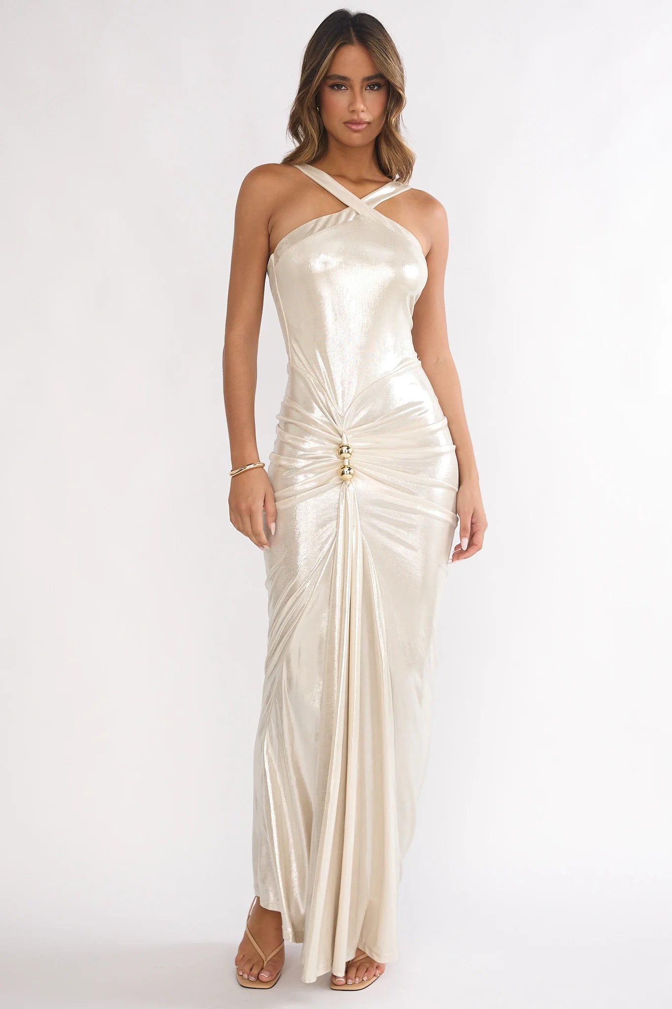 Delaina Ruched Waist Gold Accent Maxi Dress Pearl