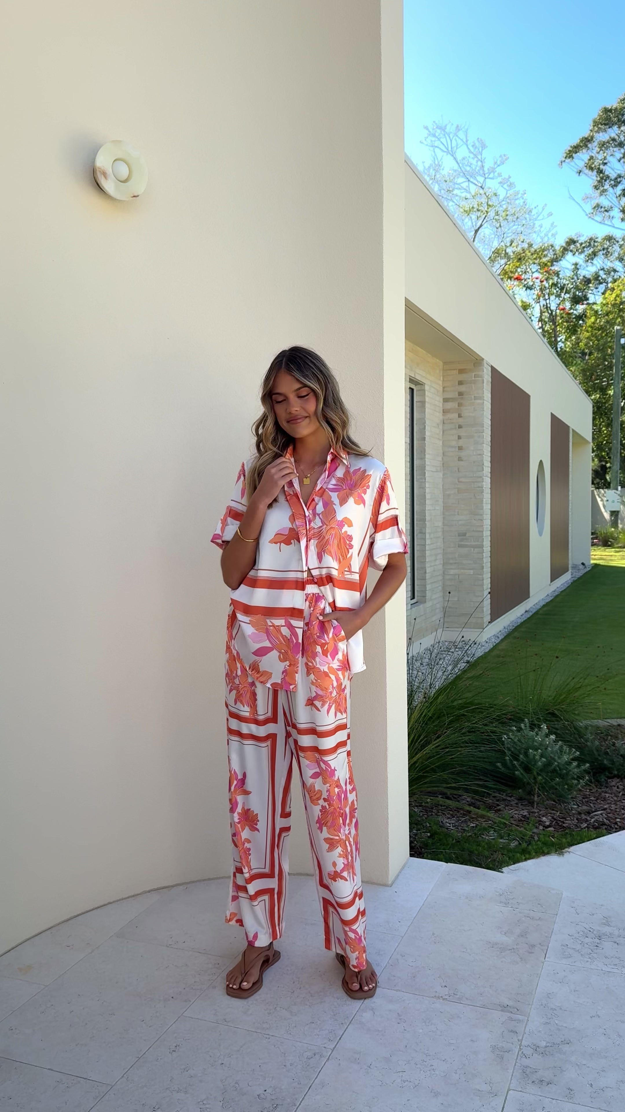 Vallerie Button Up Shirt - Orange/White Print