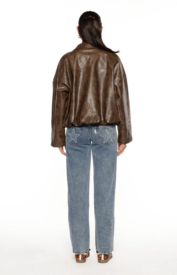 River Vintage Brown PU Bubble Hem Bomber Jacket