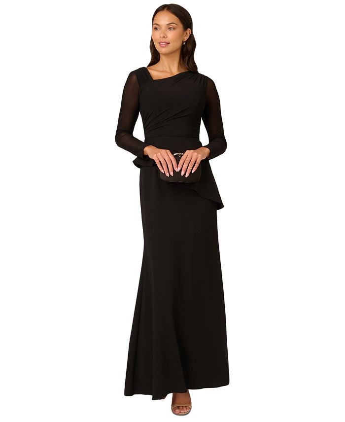 Adrianna Papell Women's Mesh Long-Sleeve Crepe Gown