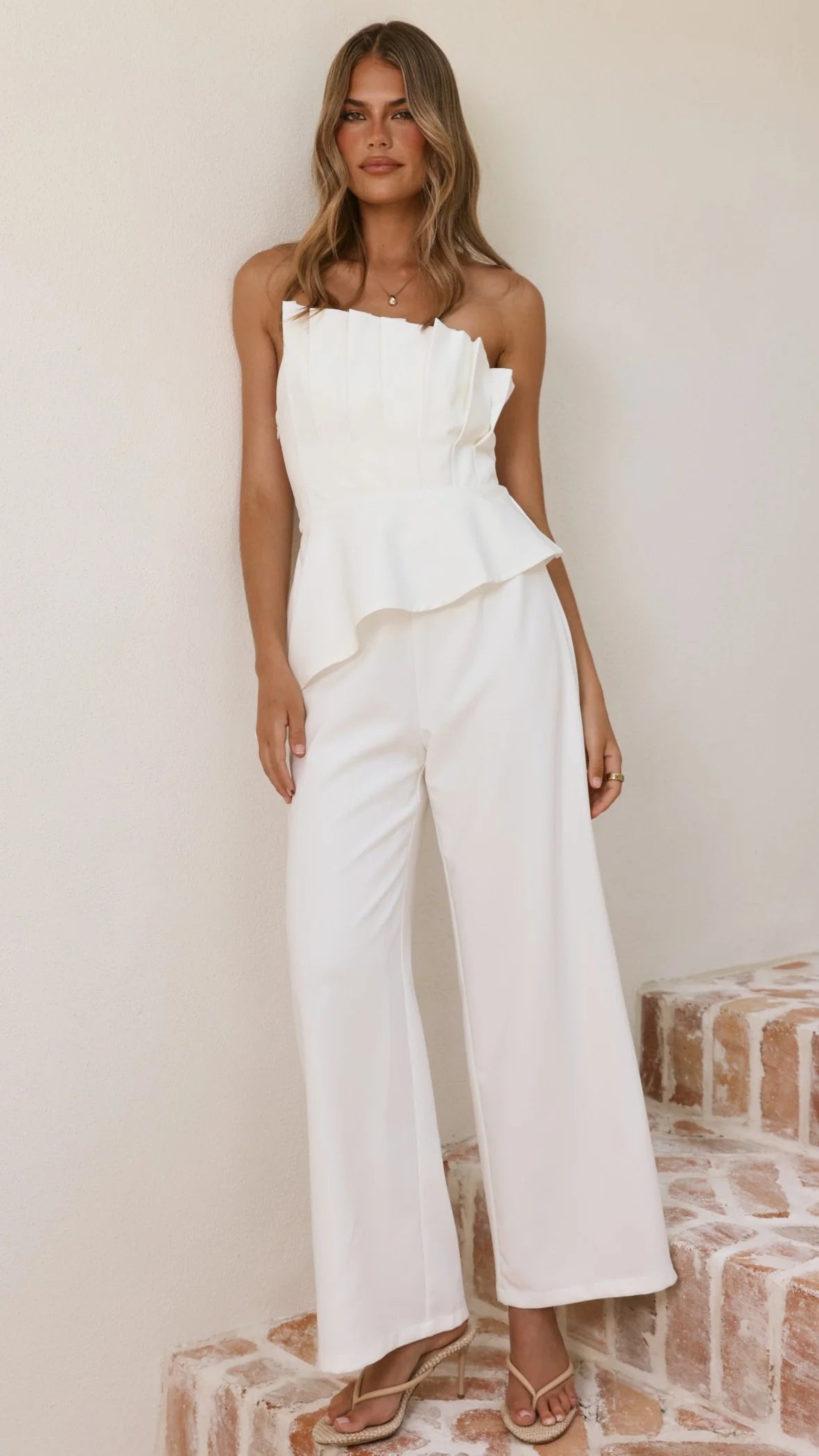 Javana Asymmetrical Top and Pants Set - White